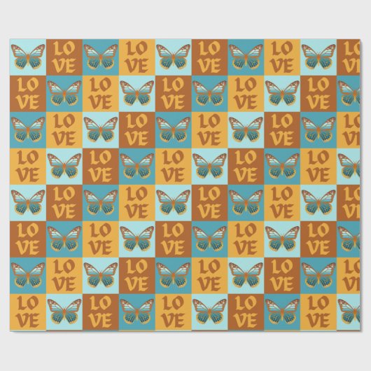 Papier Cadeau Motif d'amour papillon | Dégradé bleu et orange (Plat)