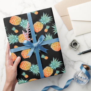 Papier Cadeau Motif d'ananas en or sur noir   Fruits tropicaux