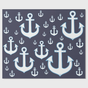 Papier Cadeau motif d'ancres blanches sur bleu marine