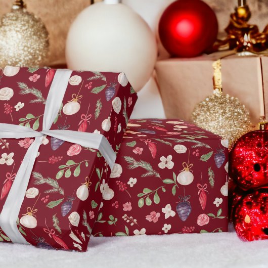 Papier Cadeau Motif d'aquarelle à fleurs de Noël rustique