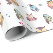 Papier Cadeau Motif d'aquarelle de la chouette | Blanc (Coin rond)