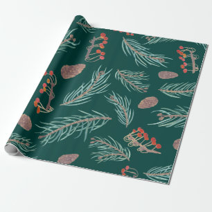 Papier Cadeau Motif d'aquarelle du pin d'hiver et des baies