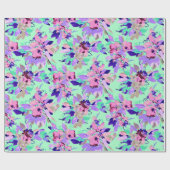 Papier Cadeau Motif d'aquarelle Florale turquoise rose violet mo (Plat)