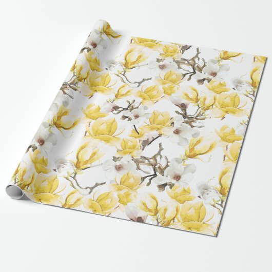 Papier Cadeau Motif d'aquarelle jaune et blanc Magnolia Blossom (Déroulé)