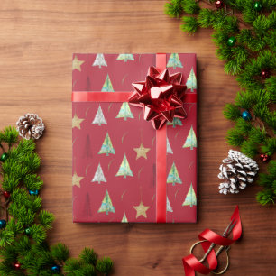 Papier Cadeau Motif d'aquarelle Red Christmas Pine Tree