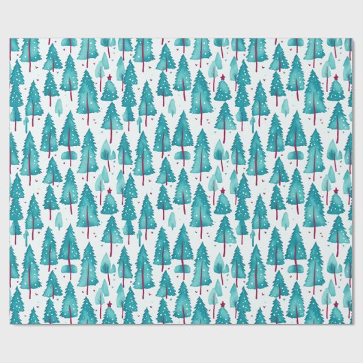 Papier Cadeau Motif d'aquarelle simple Turquoise Red Winter Pine (Plat)