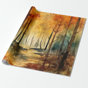 Papier Cadeau Motif d'arbre aquarelle de forêt automnale rustiqu