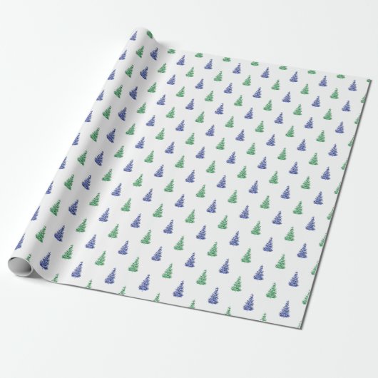 Papier Cadeau Motif d'arbre d'aquarelle bleu et vert (Déroulé)