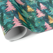 Papier Cadeau Motif d'arbre de forêt vert, rose et or (Coin rond)