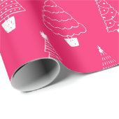 Papier Cadeau Motif d'arbre de Noël blanc rose chaud (Coin rond)