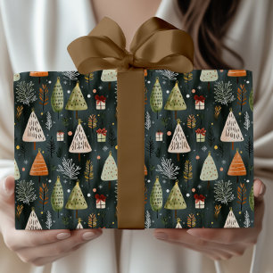 Papier Cadeau Motif d'arbre de Noël en pin nordique scandinave
