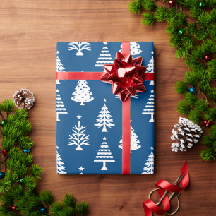 Papier Cadeau Motif d'arbre de Noël festif bleu et blanc