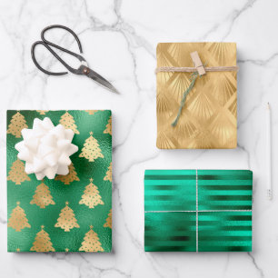 Papier Cadeau Motif d'arbre de Noël glamour vert feuille d'or