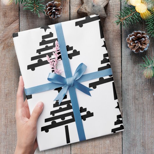 Papier Cadeau Motif d'arbre de Noël noir et blanc moderne