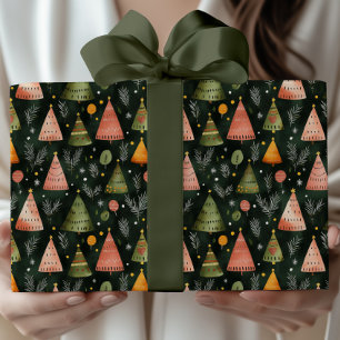 Papier Cadeau Motif d'arbre de Noël nordique vert forêt profonde