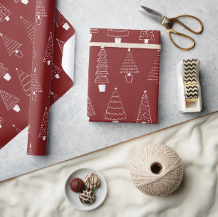 Papier Cadeau Motif d'arbre de Noël pin élégant rouge canneberge