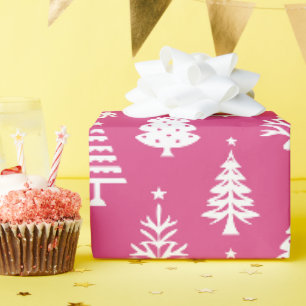 Papier Cadeau Motif d'arbre de Noël rose et blanc festif
