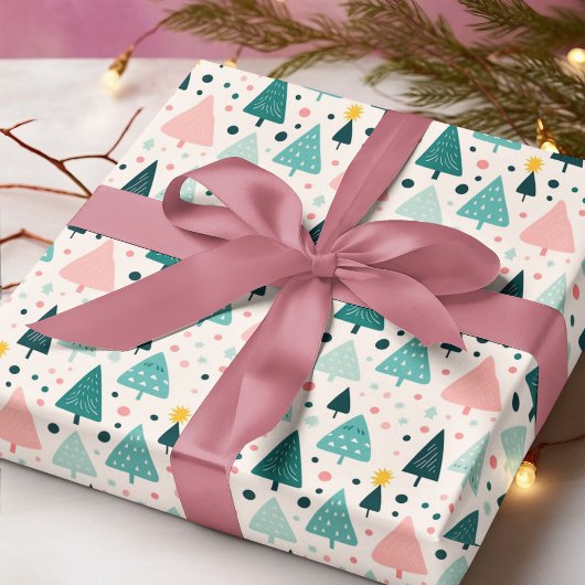 Papier Cadeau Motif d'arbre de Noël rose et vert