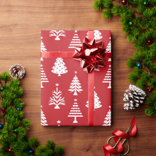 Papier Cadeau Motif d'arbre de Noël rouge et blanc festif