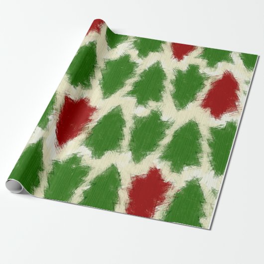 Papier Cadeau Motif d'arbre de Noël rustique vert et rouge (Déroulé)
