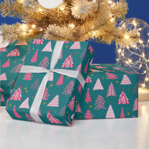 Papier Cadeau Motif d'arbre de Noël sarcelle et rose