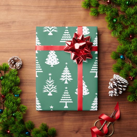Papier Cadeau Motif d'arbre de Noël vert et blanc festif (Cadeau de vacances)