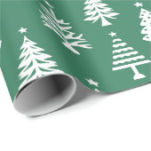 Papier Cadeau Motif d'arbre de Noël vert et blanc festif (Coin rond)