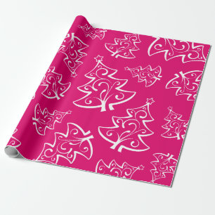 Papier Cadeau Motif d'arbres de Noël rose chaud et blanc