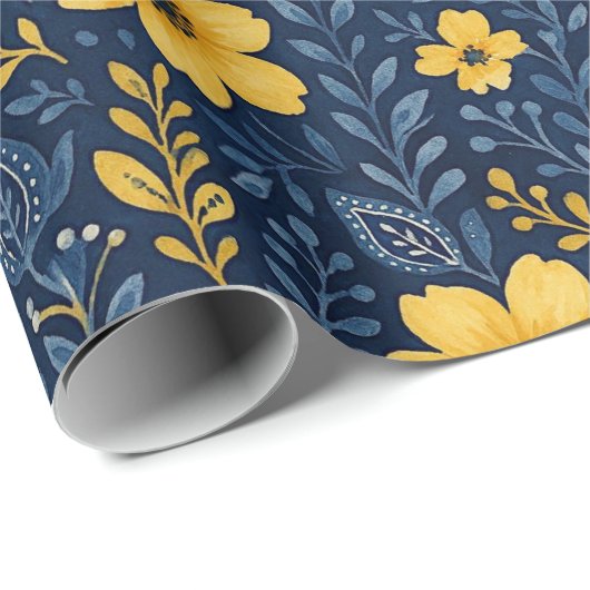 Papier Cadeau Motif d'art floral méditerranéen élégant (Coin rond)