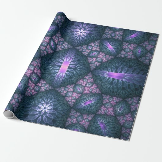 Papier Cadeau motif d'art fractal 3D Turquoise violet rose (Déroulé)