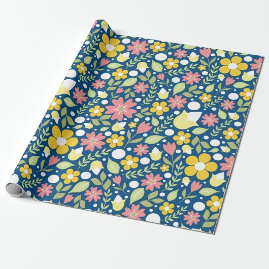 Papier Cadeau Motif d'art populaire Floral Bleu (Déroulé)