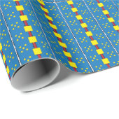 Papier Cadeau Motif d'art populaire géométrique bleu et jaune (Coin rond)