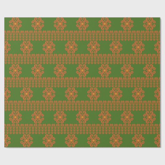 Papier Cadeau Motif d'art populaire lituanien vert et orange (Plat)