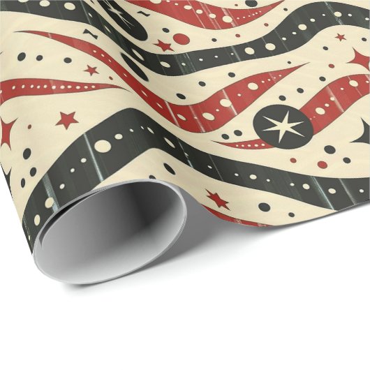 Papier Cadeau Motif de bande de vague rétro avec étoiles et cerc (Coin rond)