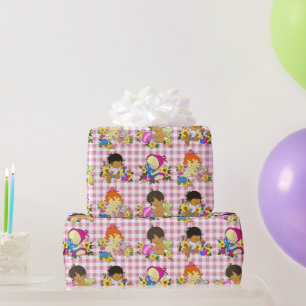 Papier Cadeau Motif de bébé rétro coloré mignon sur carreaux ros