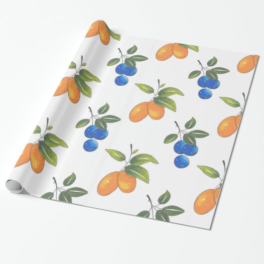 Papier Cadeau Motif de bleuets à main et de kumquats (Déroulé)
