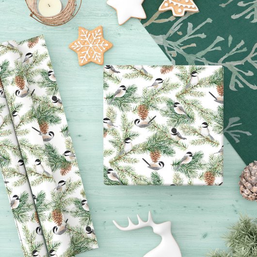 Papier Cadeau Motif de bois de chickadee d'hiver