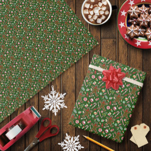 Papier Cadeau Motif de bonbon en pain d'épices festif vert ludiq