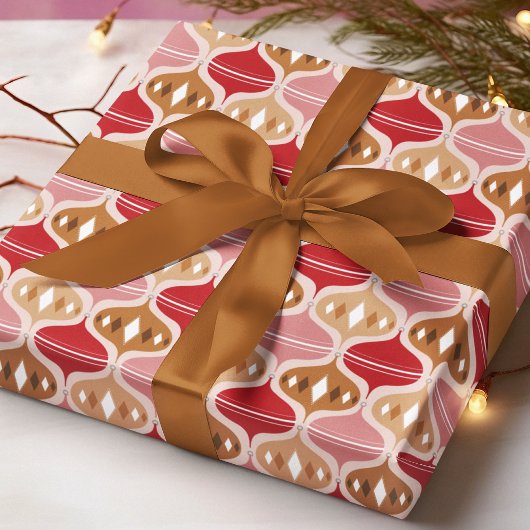 Papier Cadeau Motif de boule de Noël rétro rouge rose or