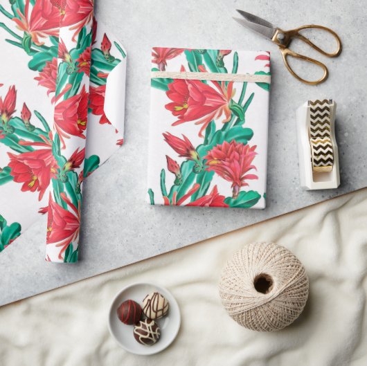 Papier Cadeau Motif de cactus à fleurs rouges vertes (Artisanat)
