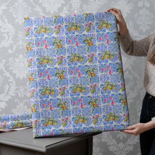 Papier Cadeau Motif de carreau de citrus sicilien bleu jaune vib