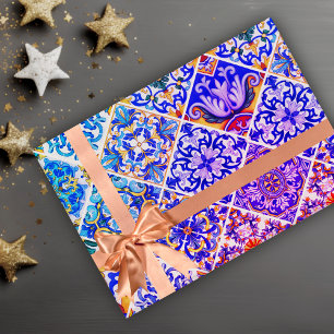 Papier Cadeau Motif de carreaux bleus violets siciliens méditerr