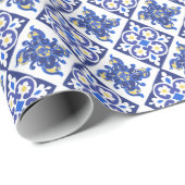 Papier Cadeau Motif de carreaux italiens jaunes bleus pour une f (Coin rond)