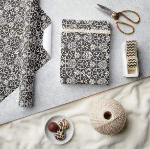 Papier Cadeau Motif de carrelage floral géométrique noir et blan