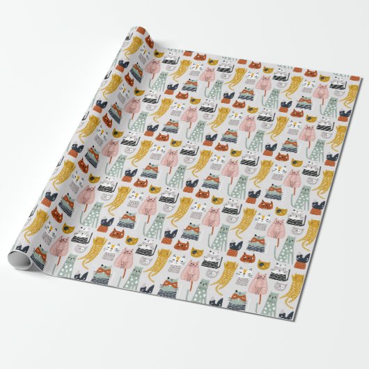 Papier Cadeau Motif de chat à main mignon Doodle (Déroulé)