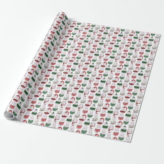 Papier Cadeau Motif de chat de Noël drôle (Déroulé)