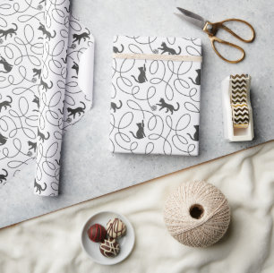 Papier Cadeau Motif de chat noir joueur et boule de fil