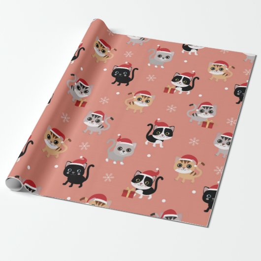 Papier Cadeau Motif de chats de Noël mignons (Déroulé)