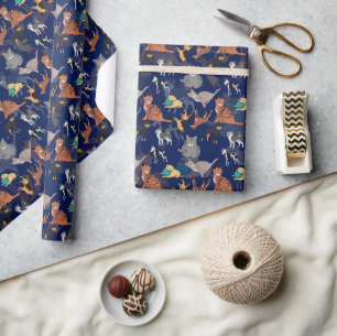Papier Cadeau Motif de chats et de chiens sur fond bleu