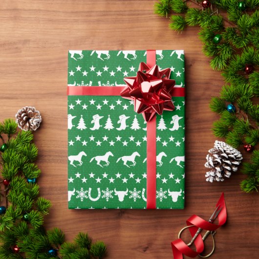 Papier Cadeau Motif de cheval de Noël rustique vert (Cadeau de vacances)